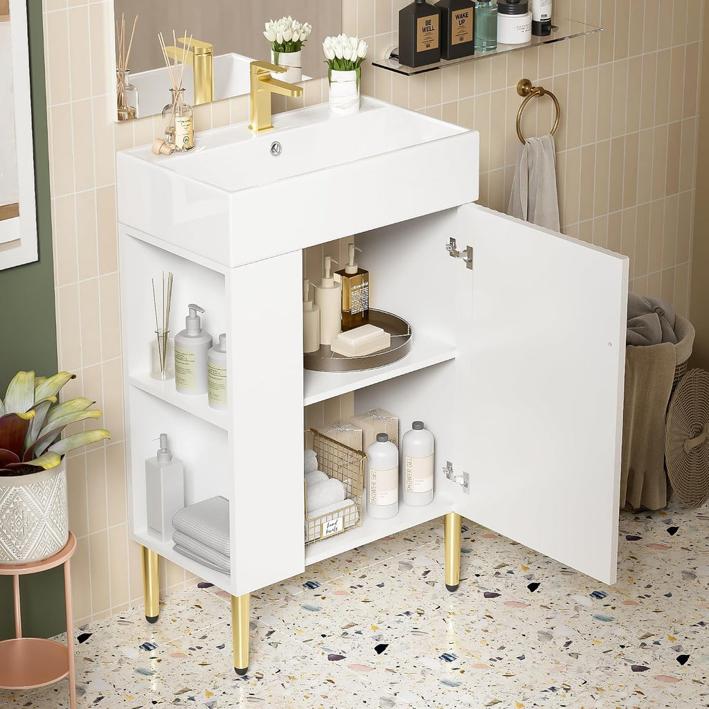 Merax 21.6' Single Sink Bathroom Vanity, Freestanding Bathroom Vanity with Open Shlef, Wood Bathroom Cabinet with Ceramic Basin Sink Top, White