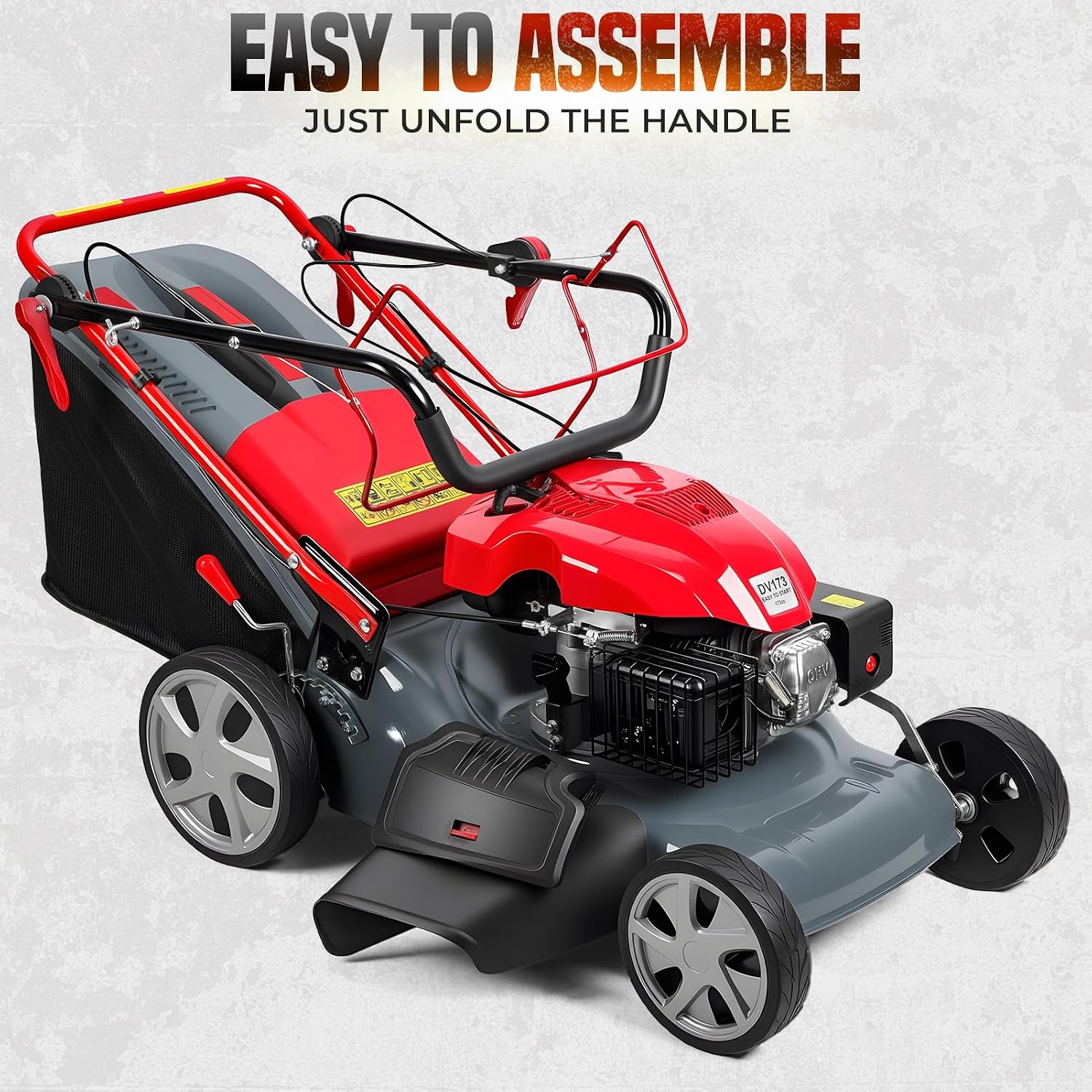 21 Inch Foldable Self Propelled Lawn Mower, 3-in-1 Gas Lawnmower with 173cc 4-Cycle Engine, Bagging, Mulching and Side Discharge, Adjustable 8-Positions Cutting Height, Easy Start Red