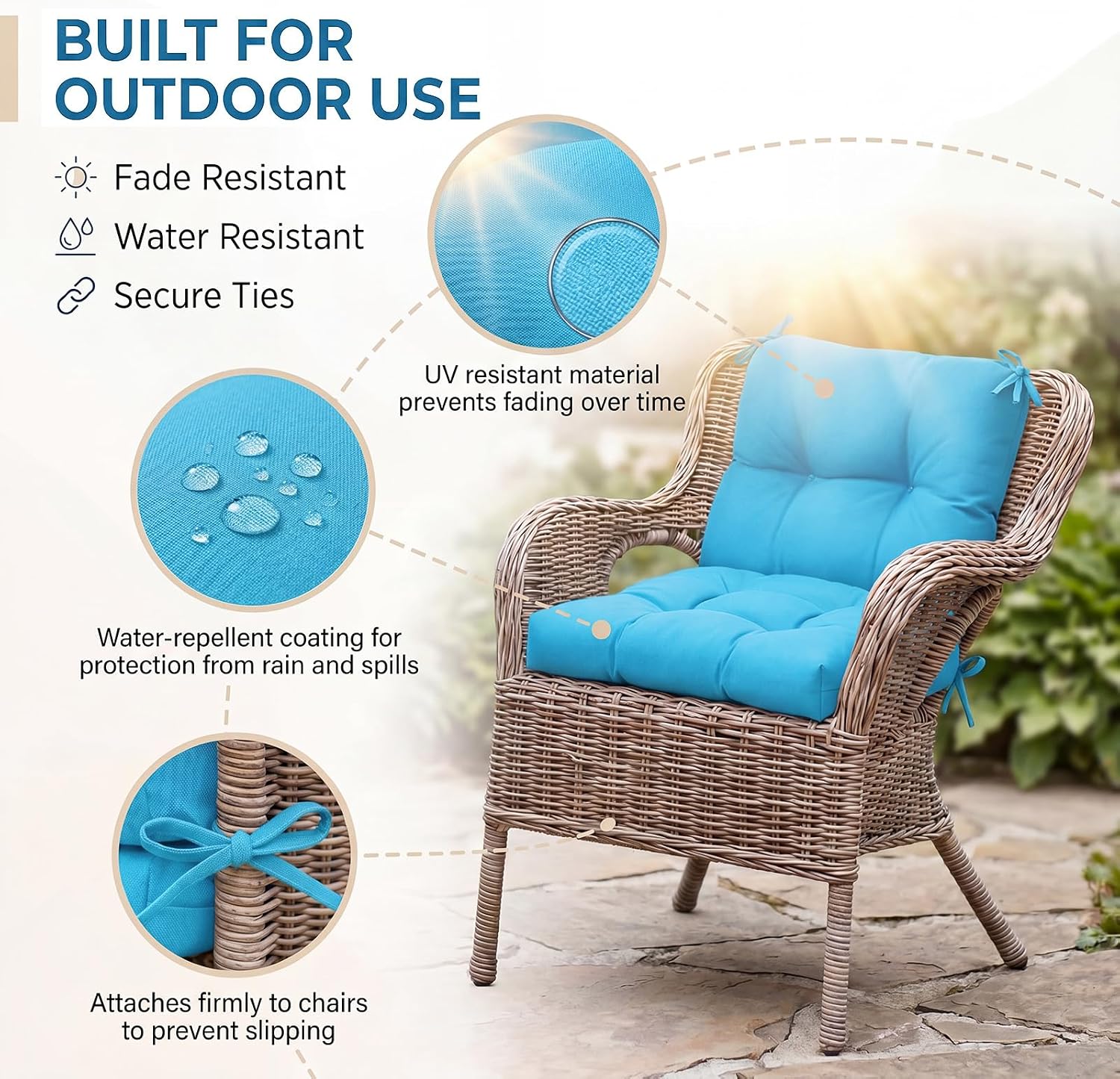 Geetery Outdoor Chair Cushions Set of 4 High Back Patio Furniture Replacement Seat Pads with Ties 42x21x4' for Lawn Porch Wicker Rocking Dining Chairs Weather Resistant Fade Resistant (Lake Blue)