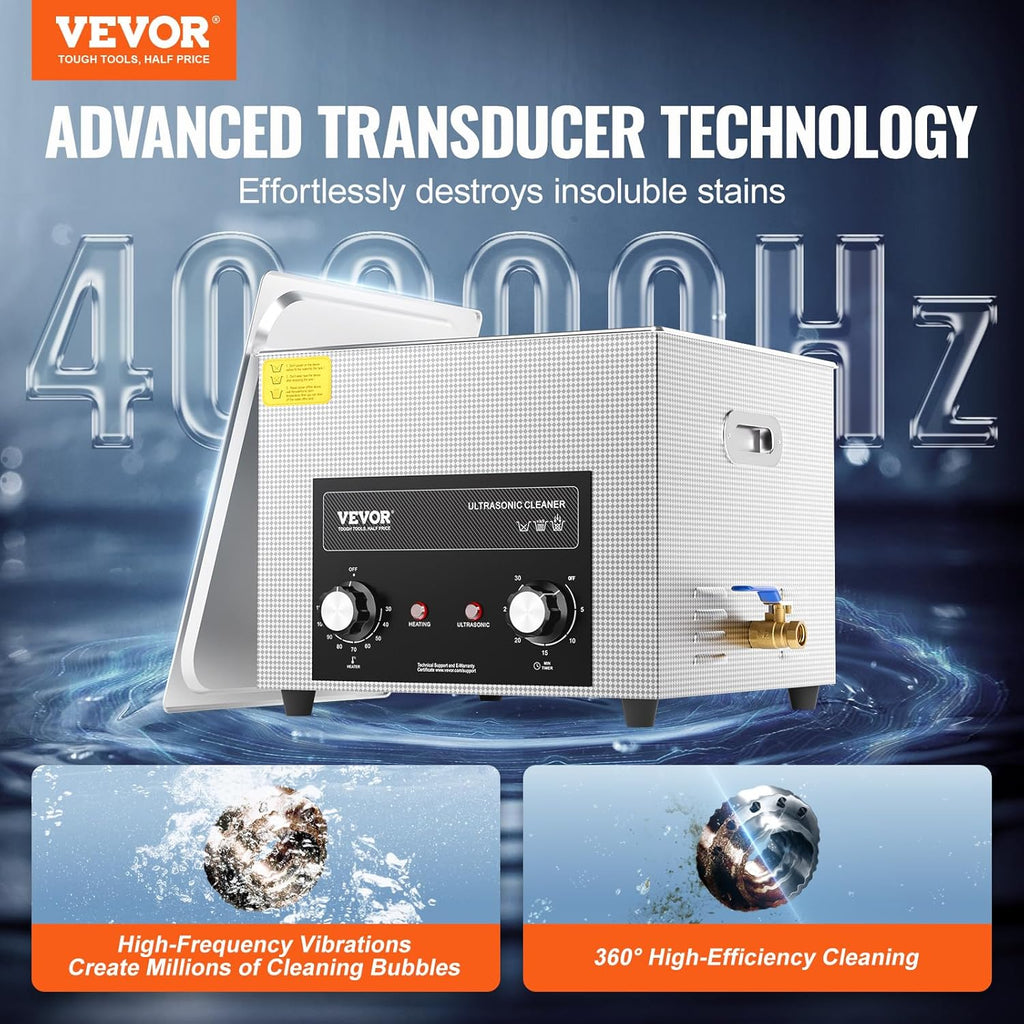 VEVOR 15L Sonic Cleaner with Heater Timer & Basket, Professional Digital Sonic Cavitation Machine, 360W Cleaning Machine for Lab Tools, Metal Parts, Carburetor, Brass, Auto Parts, Engine Parts