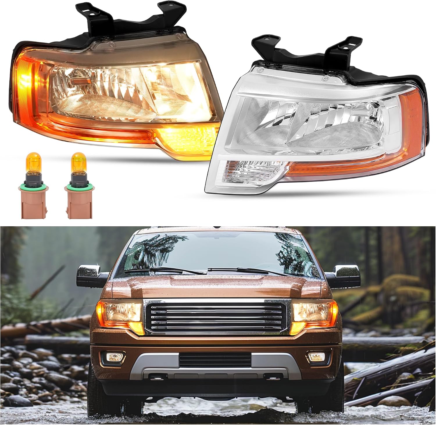 HECASA Pair Headlight Assembly w/LED Indicator Compatible with 2015 2016 2017 Ford Expedition Headlamp w/Bulbs Driver & Passenger Side Clear Lens Chrome Housing Replacement for FO2503346 FO2502346