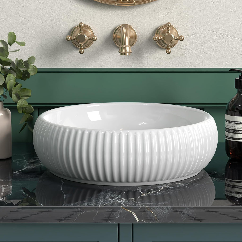 Bathroom Vessel Sink above Counter, Bowl Sinks for Bathroom, Countertop White Bathroom Sink 16.4' for Cabinet Lavatory Vanity Porcelain Ceramic, CBS131