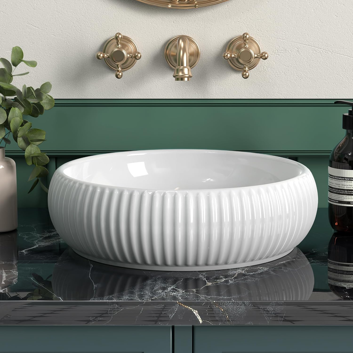 Bathroom Vessel Sink above Counter, Bowl Sinks for Bathroom, Countertop White Bathroom Sink 16.4' for Cabinet Lavatory Vanity Porcelain Ceramic, CBS131