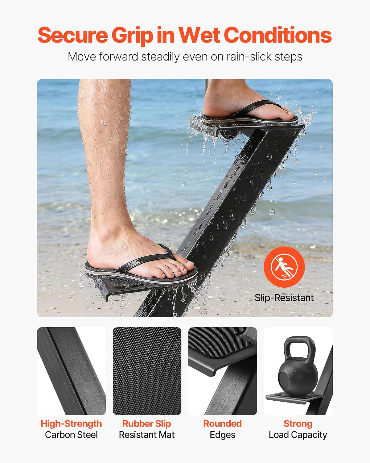 VEVOR Boat Trailer Steps, 3-Step, Heavy-Duty Boat Trailer Steps with Handle, Non-Slip Surface, 3 Mounting Angle Options, Carbon Steel Ladder Suitable for 3' x 3'/3' x 5'/4' x 4' Frame, Side Mounting