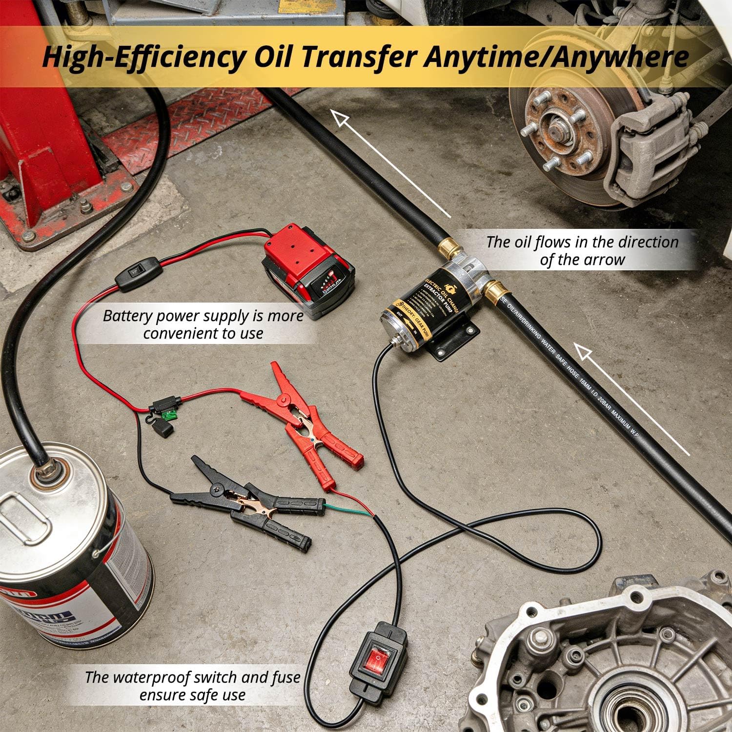 12V 100W Oil Transfer Pump, 5.8L/Min High Flow Oil Change Pump With Battery Adapter Compatible with Milwaukee M18 Battery, Fluid Transfer Pump for Truck, Motorcycle, Boat, Generator, Lawn Mower