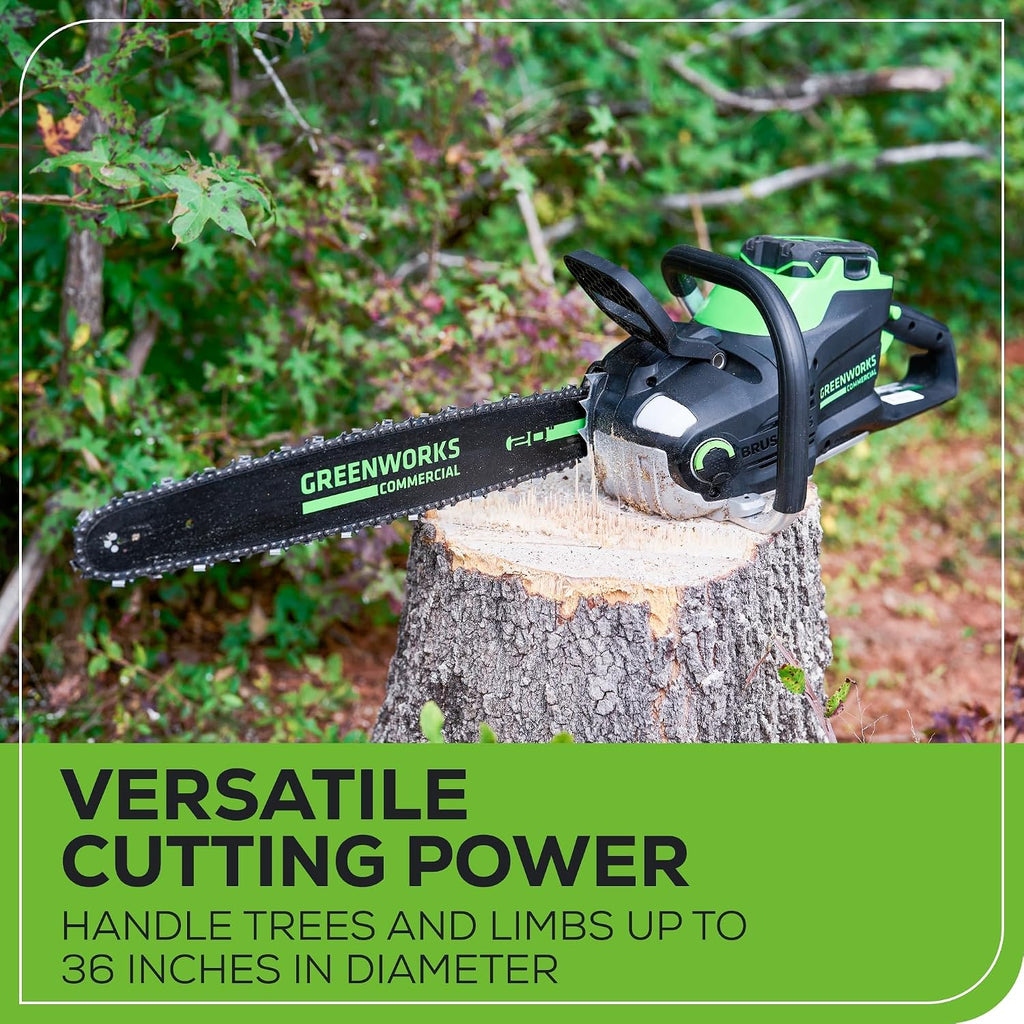 Greenworks 82V 20' Brushless (3.4 kW) Cordless Chainsaw (205 Cuts Per Charge), 4.0Ah Battery and Dual Port Rapid Charger (Great For Landscapers and Professionals)