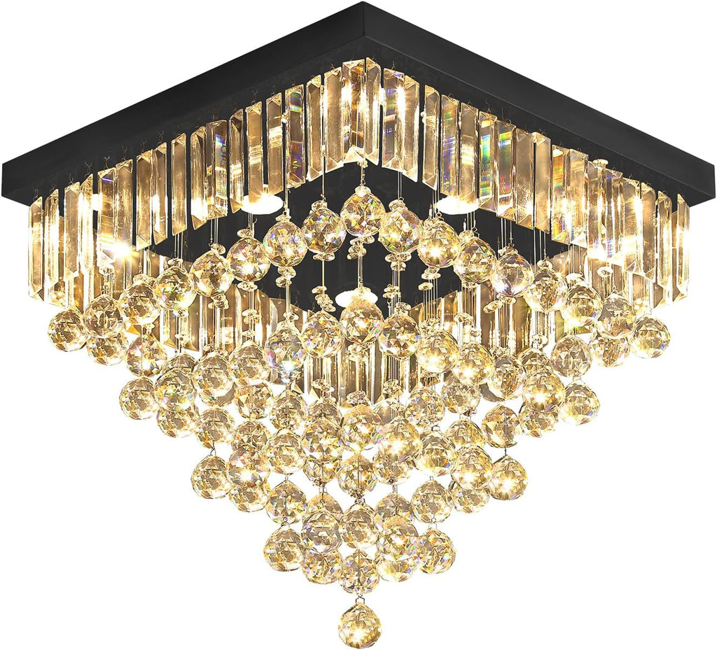 Luxury 20' Square K9 Crystal Flush Mount Chandelier, Modern Black 6-Light LED Ceiling Light, Dimmable Chandeliers Fixture for Dining Room, Living Room, Bedroom, Entryway