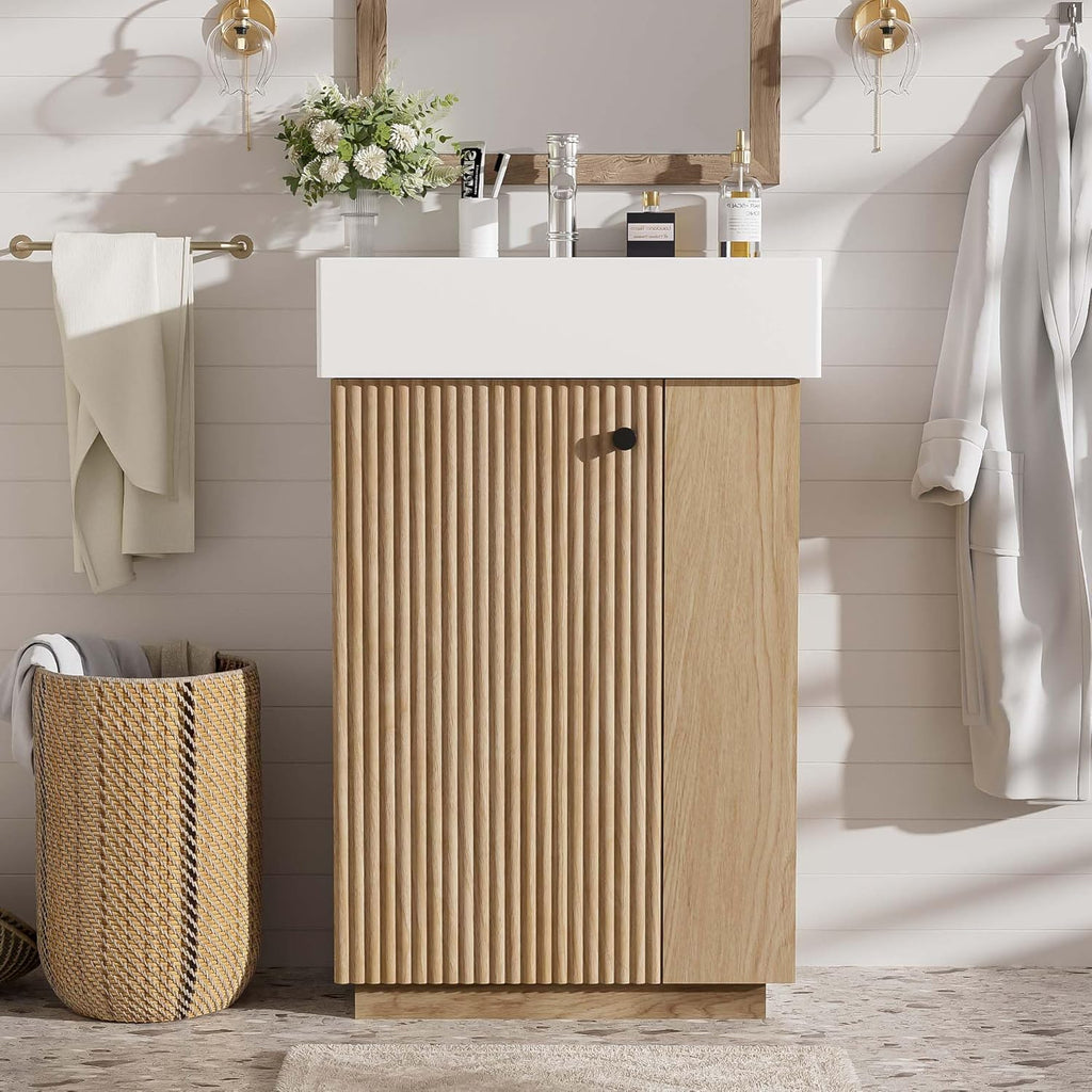 21.6-inch Bathroom Vanity with Reversible Sink, Free-Standing Single Storage Cabinet with One Left Door and Side Open Shelf, Vanity with Ceramic Basin for Bathroom (Wood)