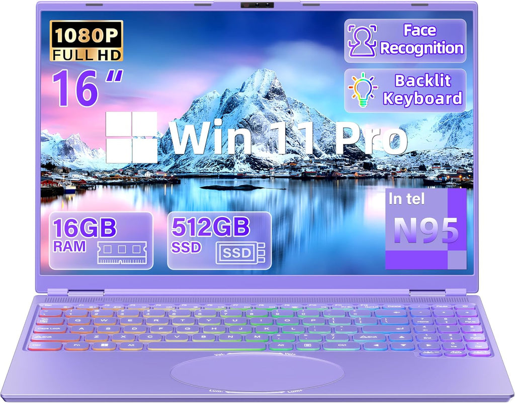 16' Purple Laptop, 1920x1200 FHD IPS Display, Quad-Core N95 Processor (Up to 3.4GHz), 16GB RAM 512GB SSD, Color Backlit KB, Face Recognition & Gesture Touchpad, Win 11 Pro, for Business Student