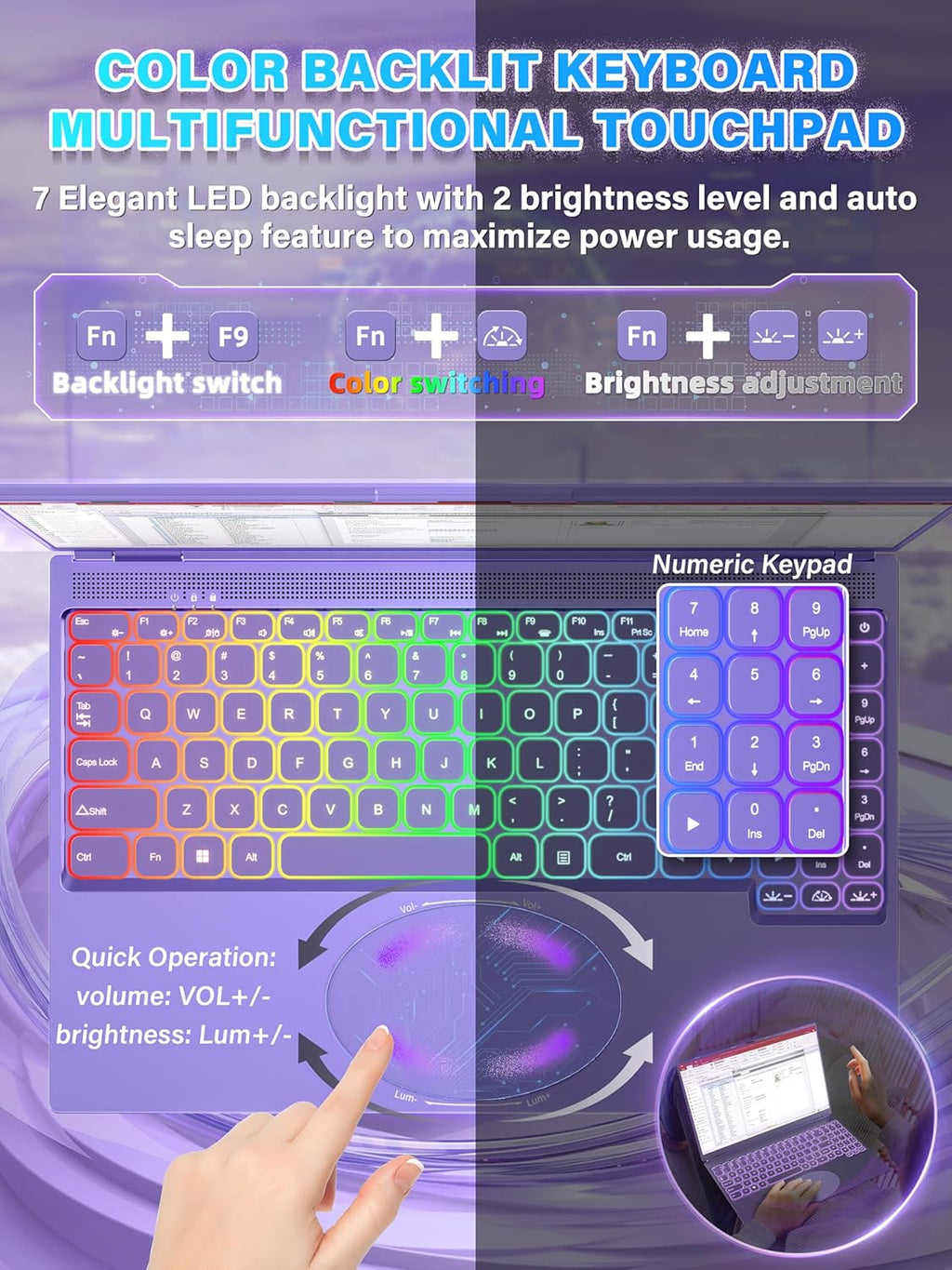 16' Purple Laptop, 1920x1200 FHD IPS Display, Quad-Core N95 Processor (Up to 3.4GHz), 16GB RAM 512GB SSD, Color Backlit KB, Face Recognition & Gesture Touchpad, Win 11 Pro, for Business Student