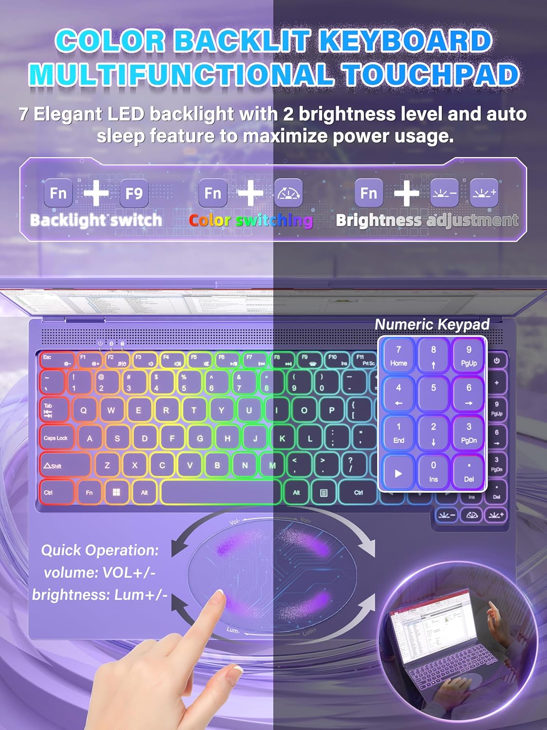 16' Purple Laptop, 1920x1200 FHD IPS Display, Quad-Core N95 Processor (Up to 3.4GHz), 16GB RAM 512GB SSD, Color Backlit KB, Face Recognition & Gesture Touchpad, Win 11 Pro, for Business Student