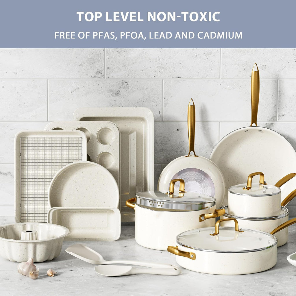 Pots and Pans Set Nonstick - Granite Cookware + Bakeware Set Kitchen Cookware Sets With Dutch Oven, Frying Pans, Saucepan, Sauté Pan, Silicone Utensils, Cookie Sheet, Baking Pan Set for Cooking Gifts