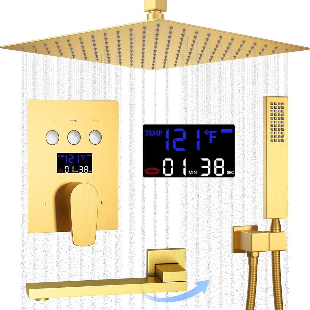 Brushed Gold Shower Fixtues Tub AYIVG Shower Faucet Set Combo Ceiling Mounted Shower System with 12 Inch Shower Head and Tub Spout Temperature Control Display Push Botton Shower Diverter Valve
