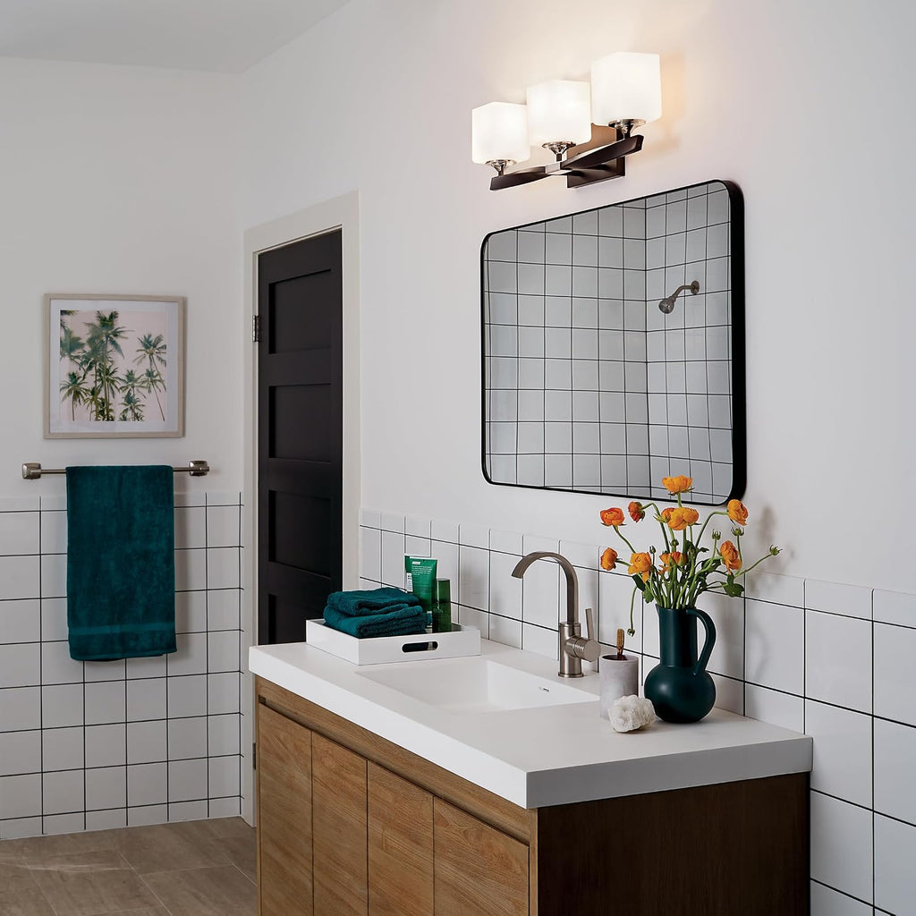 Kichler Marette 22.75' Vanity Light in Black, 3-Light Modern Bathroom Light with Satin Etched Cased Opal Glass, (22.75' W x 8' H), 55002BK
