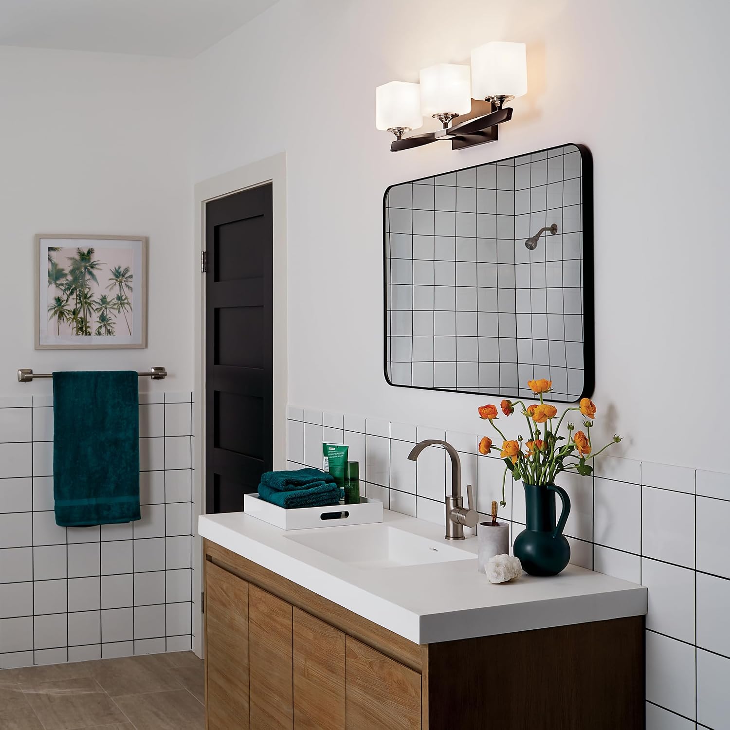 Kichler Marette 22.75' Vanity Light in Black, 3-Light Modern Bathroom Light with Satin Etched Cased Opal Glass, (22.75' W x 8' H), 55002BK