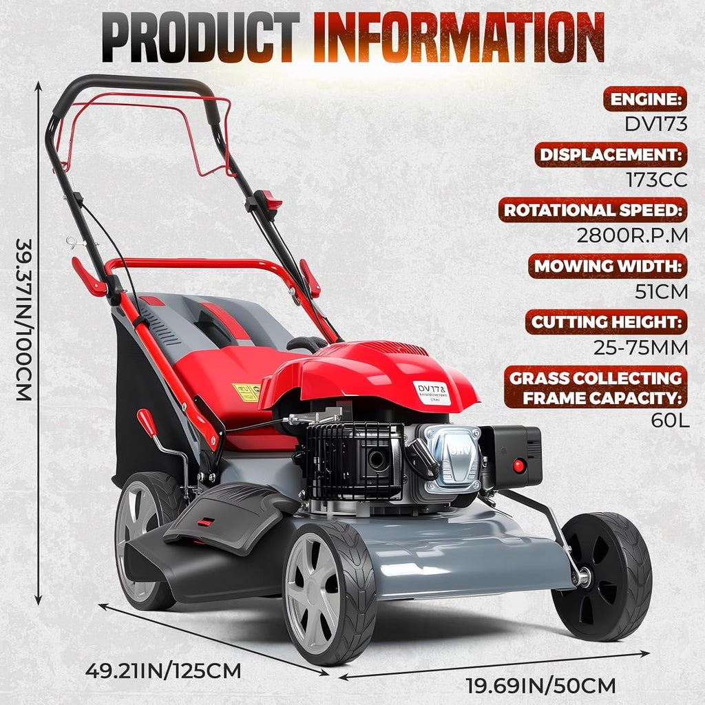 Self Propelled Lawn Mower 20-Inch with 60L Grass Bag - 173cc Gas Engine for Hills & Thick Grass 3-in-1 Mulch Bag Side-Discharge Rear Wheel Drive for Uneven Yards Lawn Care (173CC)