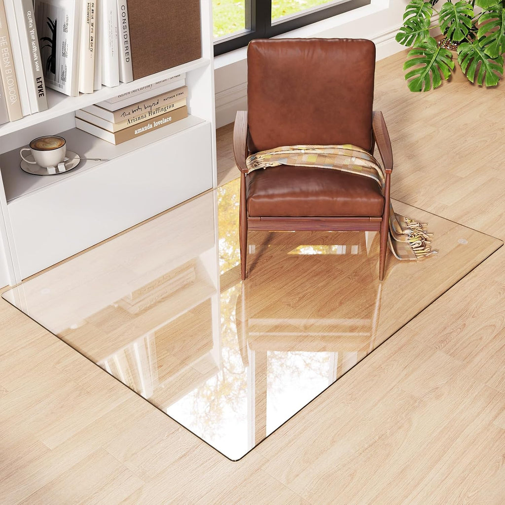 Tempered Glass Chair Mat 48'x36' – Ultra-Clear Office Chair Mat for Hardwood Floors & Low-Pile Carpets – Heavy-Duty 0.2' Scratch-Resistant Surface with Non-Slip Pads – Supports 1,000 lbs