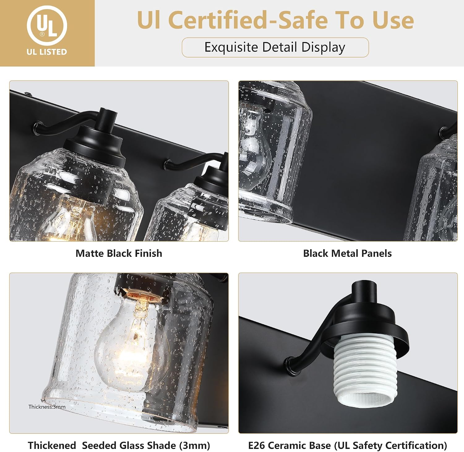 3-Light Bathroom Vanity Light Large 23', Farmhouse Rustic Vanity Lights for Bathroom, Black Bathroom Light Fixtures Over Mirror with Bubble Glass Shades, Metal Wall Sconce Home Decor