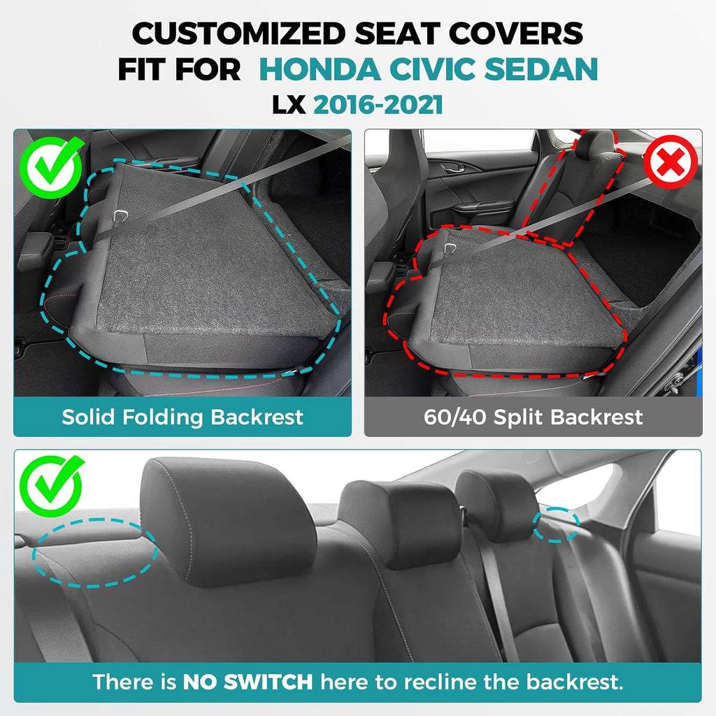 Seat Covers for Honda Civic Sedan LX 2016 2017 2018 2019 2020 2021, Faux Leather Car Seats Cover Full Set Waterproof, Black Red Line (Solid Rear Seatback - No Rear Armrest)