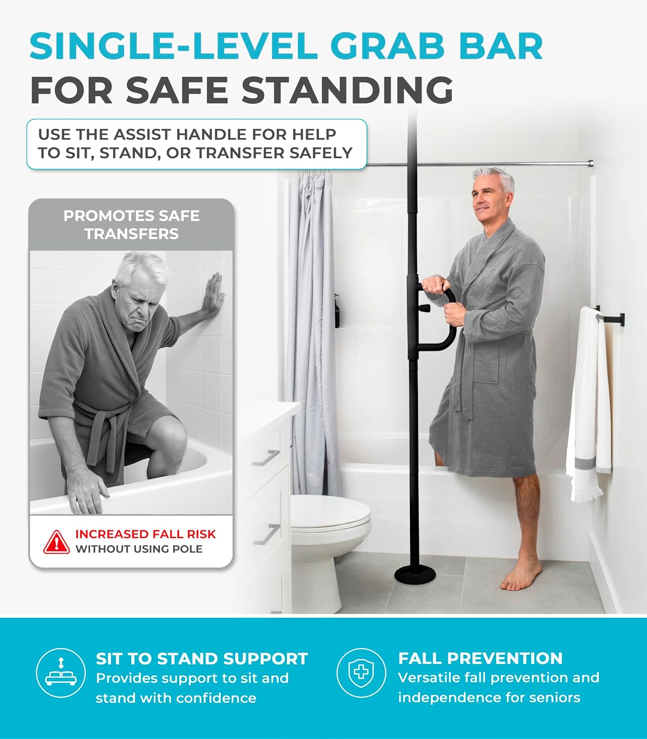 Stander Security Pole and Curve Grab Bar, Elderly Tension Mounted Floor to Ceiling Transfer Pole, Bathroom Safety Assist and Stability Rail, Metallic Black