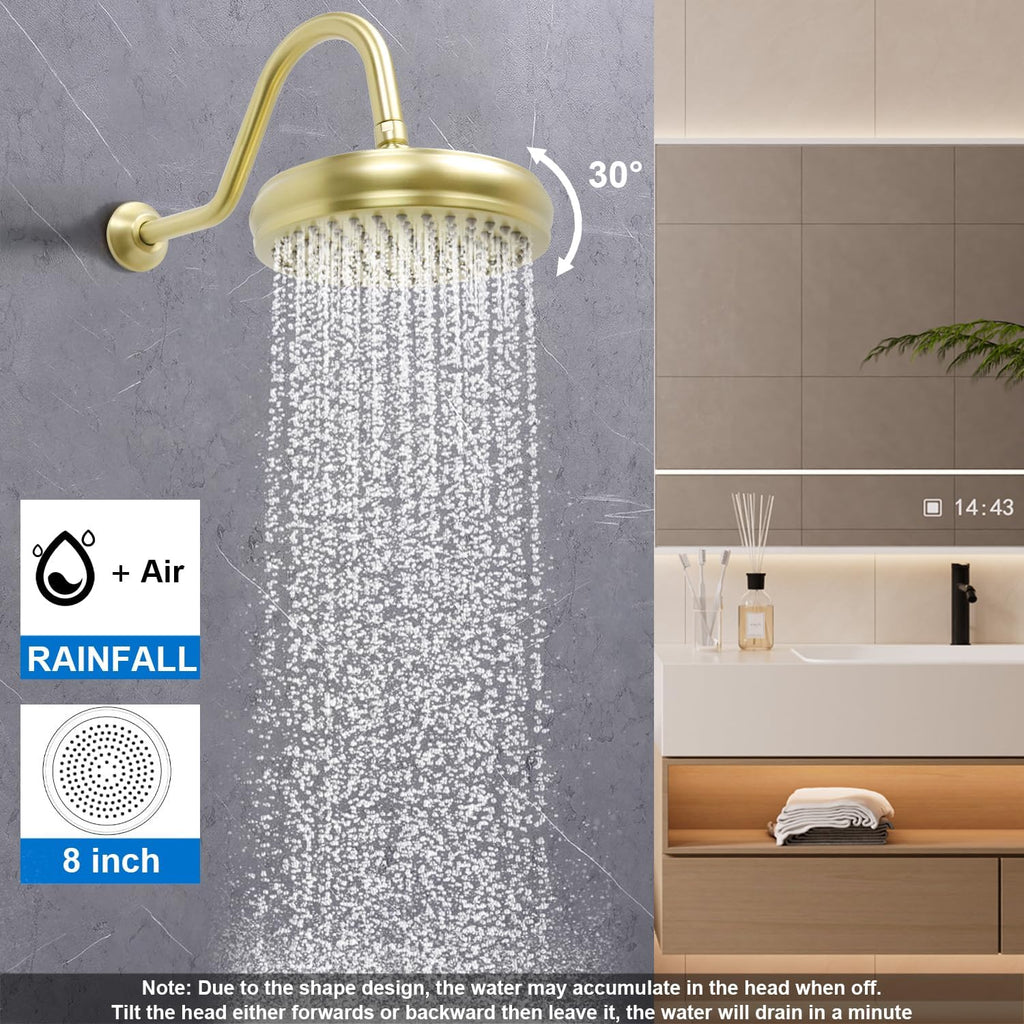 Enga Brushed Gold Antique Brass Tub Shower Faucet Fixture Shower System, 8inch Wall Mount Rain Shower with Spout and Hand Spray