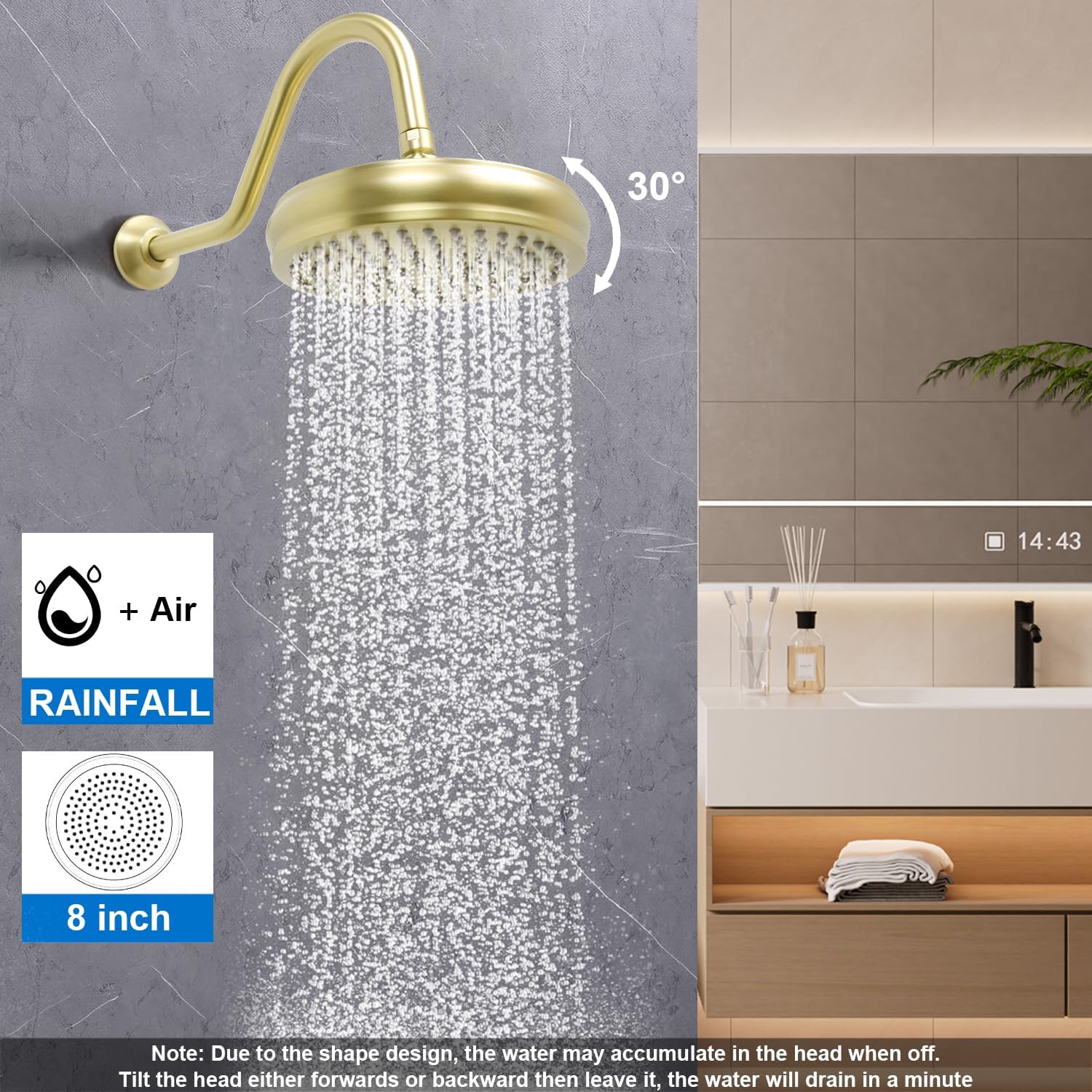 Enga Brushed Gold Antique Brass Tub Shower Faucet Fixture Shower System, 8inch Wall Mount Rain Shower with Spout and Hand Spray