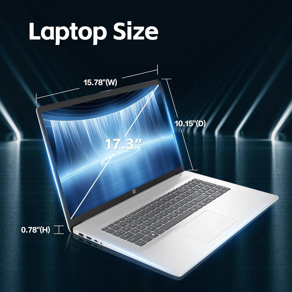 HP 17.3 inch Laptop, Intel Core i3 Processor, Anti-Glare HD+ Display, Intel UHD Graphics, 32GB RAM, 1TB SSD, Windows 11 Home, Webcam, Wi-Fi, Bluetooth, Natural Silver, Alpacatec Accessories