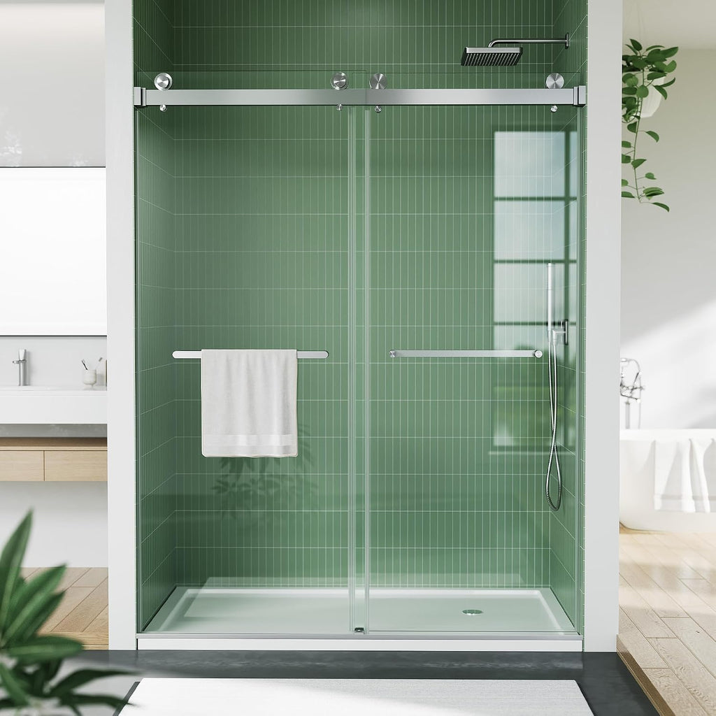 Glass Shower Door 48 Inches,44-48' W x 74' H Frameless Dual Sliding Shower Glass Door with 6mm Tempered Clear Glass and Stainless Steel Square Rail,Brushed Sliver