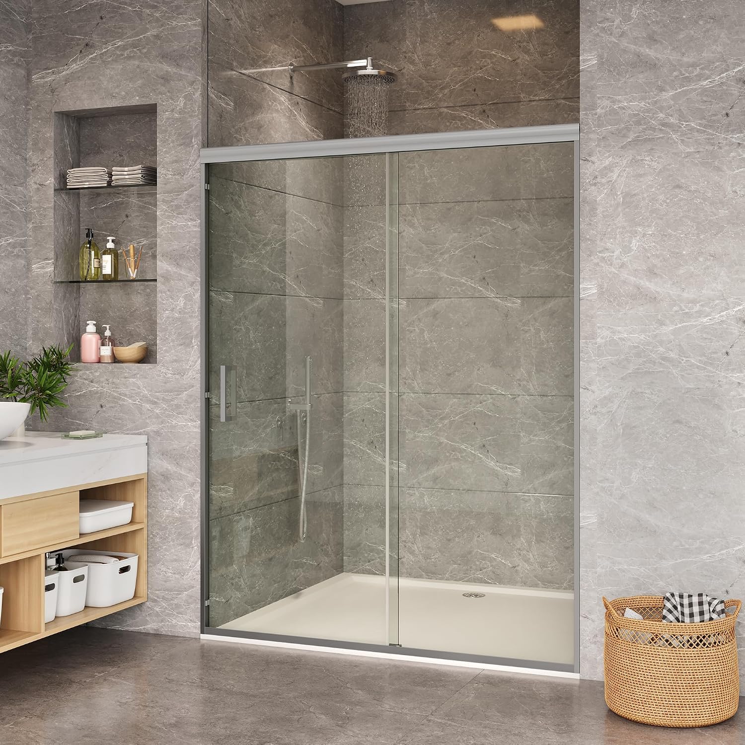 Framed Sliding Shower Door 56–60 Inch W x 72 Inch H – Double Sliding Glass Shower Enclosure with 6mm Tempered Glass, Easy-Clean Coating & Aluminum Alloy Frame, Brushed Nickel for Main Bathroom
