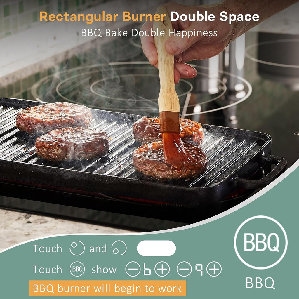 36 Inch Electric Cooktop 5 Burner, Built-in Electric Stovetop with Flexible Bridge & Triple Ring Burner, 9600W Cooktop Electrics with BBQ Burner, Timer, Safety Lock,Pause, 220V-240V Hard Wire