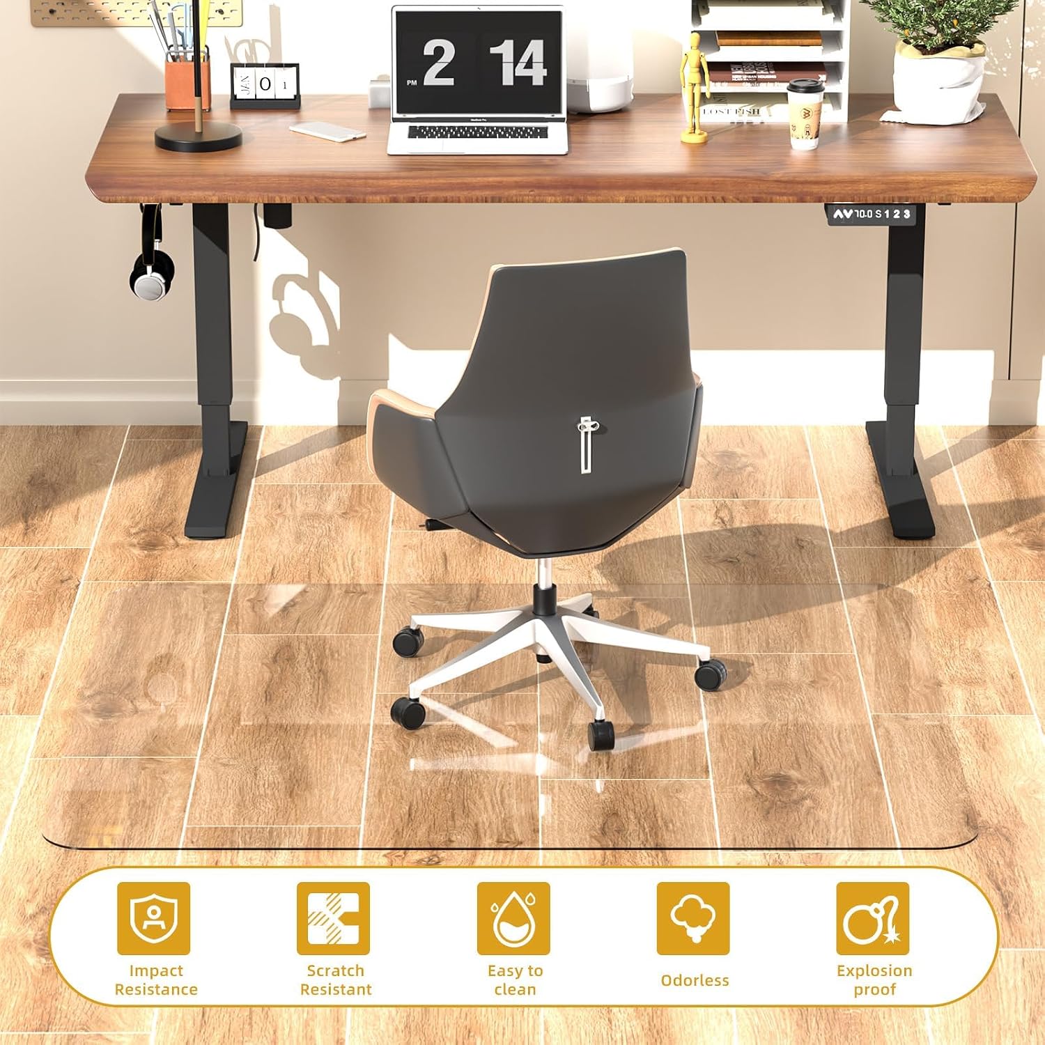 Tempered Glass Chair Mat 60' x 48' - 1/5' Thick, Heavy Duty, Anti-Slip Pads, for Office Chairs on Carpet or Hard Floorr with 4 Anti-Slip Pads, Rolling Glass Chair Mat