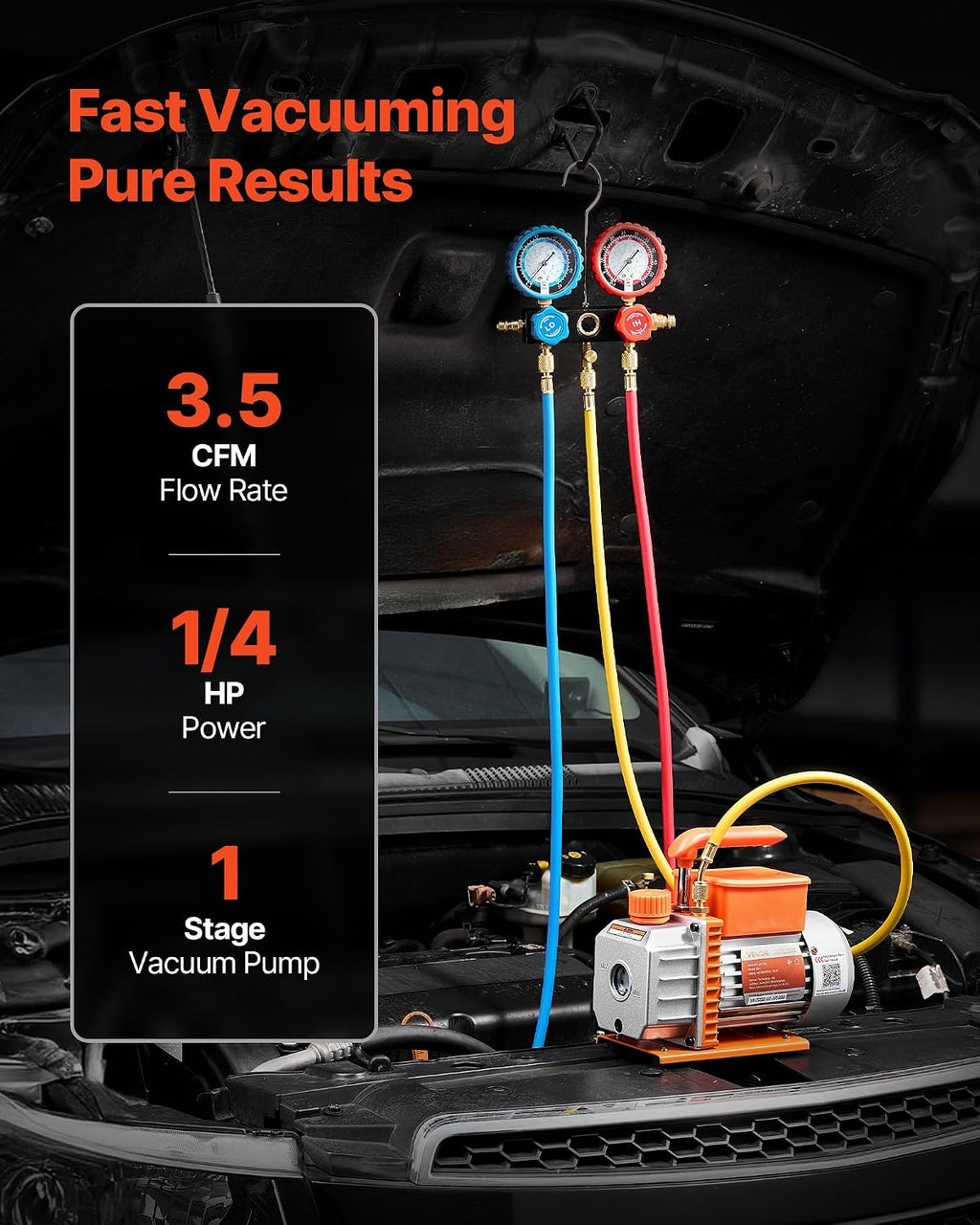 VEVOR AC Vacuum Pump and Gauge Set, 3.5 CFM 1/4 HP, Single Stage Rotary Vane HVAC Vacuum Pump, A/C Manifold Gauge Kit, for R134a R22 R410a R1234YF R32, with Carry Bag, for Auto HVAC Air Conditioning