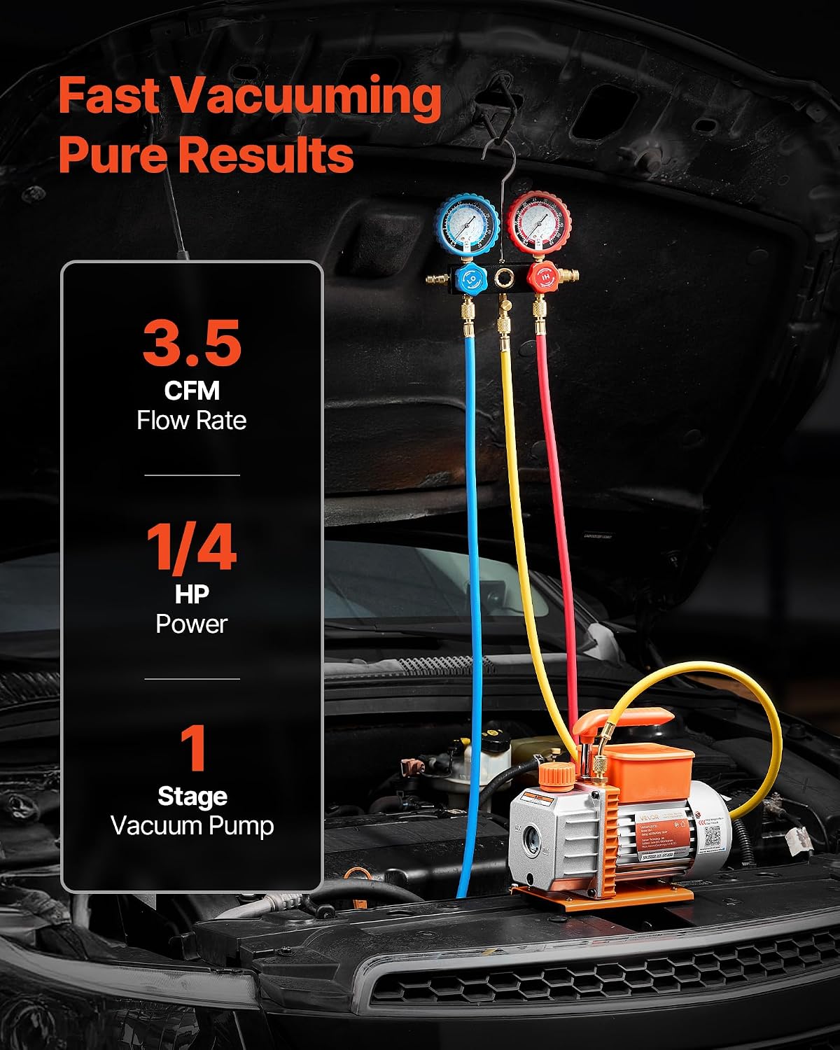 VEVOR AC Vacuum Pump and Gauge Set, 3.5 CFM 1/4 HP, Single Stage Rotary Vane HVAC Vacuum Pump, A/C Manifold Gauge Kit, for R134a R22 R410a R1234YF R32, with Carry Bag, for Auto HVAC Air Conditioning
