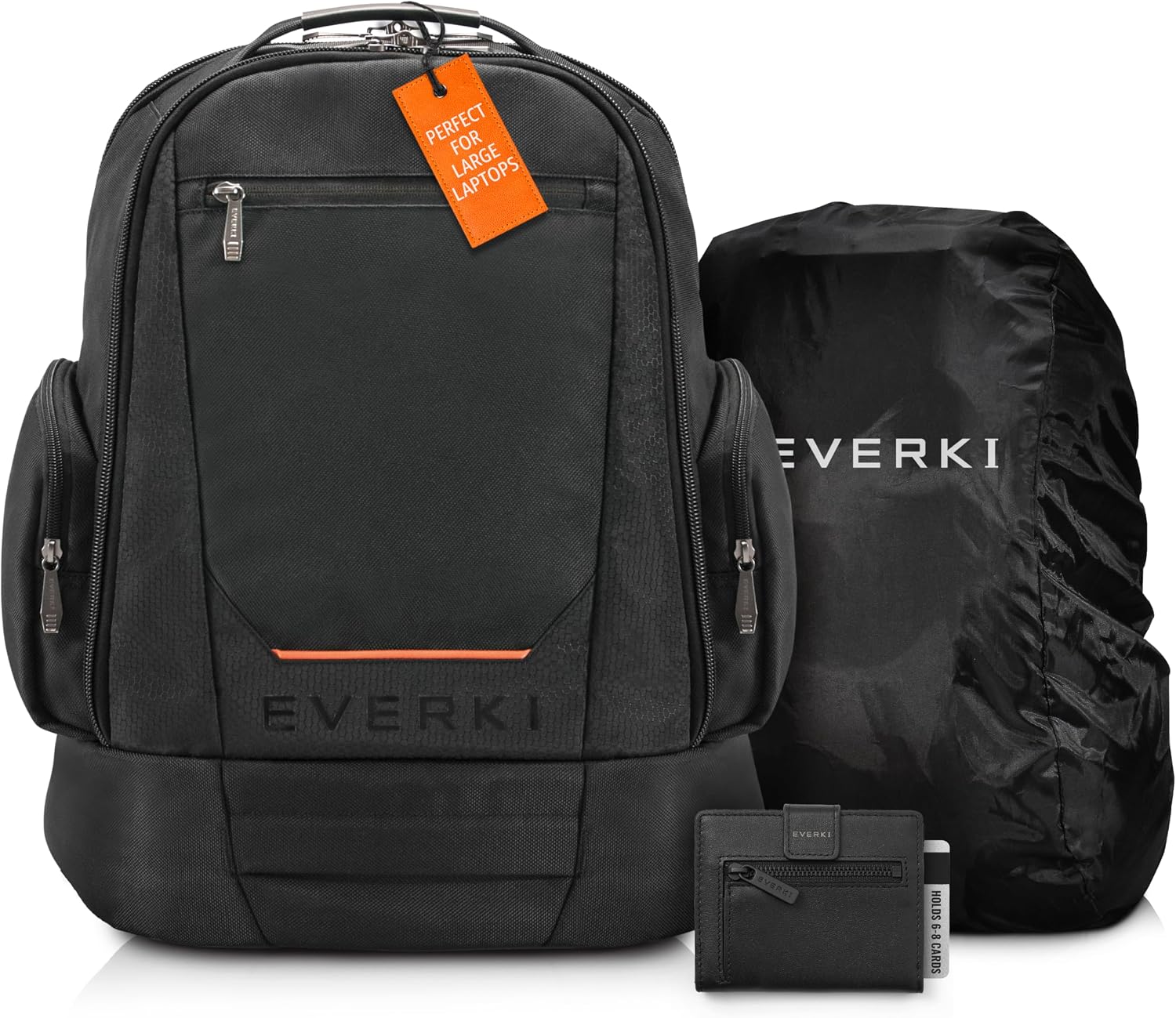 EVERKI ContemPRO 117 Large Gaming Laptop Backpack (42L) for 17-18.4' Laptops with Rain Cover Black Slim Minimalist Wallet for Men with 6-8 Card Slots, Coin Pocket, and Hidden Card Slot