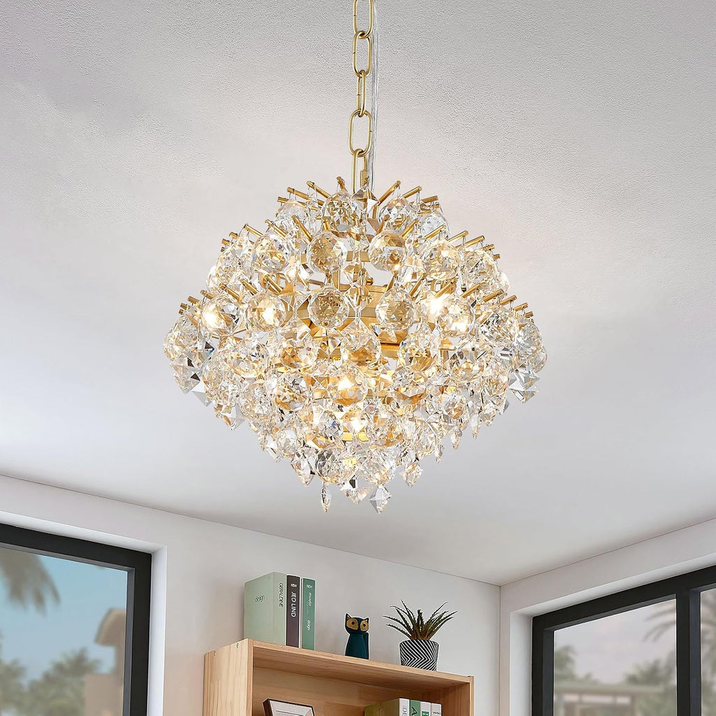 Bestier Gold Modern Pendant Chandelier Crystal Raindrop Lighting Ceiling Light Fixture Lamp for Dining Room Bathroom Bedroom Livingroom 4 G9 Bulbs Required D11 in x H12 in