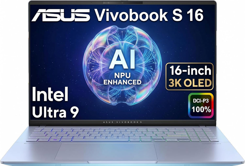 ASUS Vivobook S 16 AI PC Laptop, 16' 3K OLED, 32GB DDR5 RAM, Intel 16-Core Ultra 9 285H (> i9-13900H) for Photographer, Designers, FHD IR Webcam, IST Computer Customized 512GB/1TB/2TB SSD, Win 11 Home