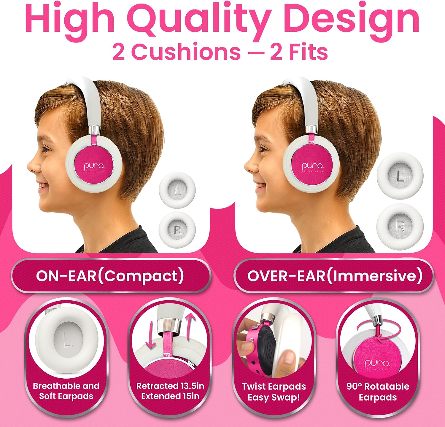 Puro Sound Labs BT2200 Plus Volume Limited Headphones for Kids, Bluetooth, Studio-Grade Audio, Over-Ear & Comfy Design, 20-Hr Battery Life, Easy to Connect Wireless Headphones for Kids, Purple & Pink