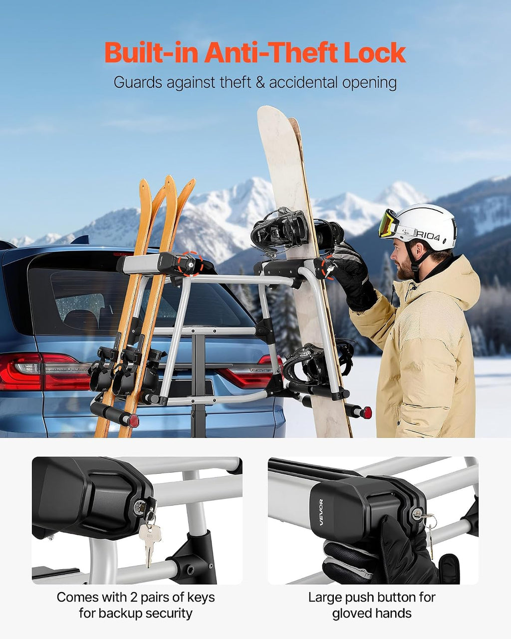 VEVOR Hitch Mounted Ski & Snowboard Rack, Fits 2-Inch Receiver, Carries up to 6 Pairs of Skis or 4 Snowboards, Hitch-Mounted Rack for Car with Key Lock, Security Strap, Tilt Access, Rubber Padding