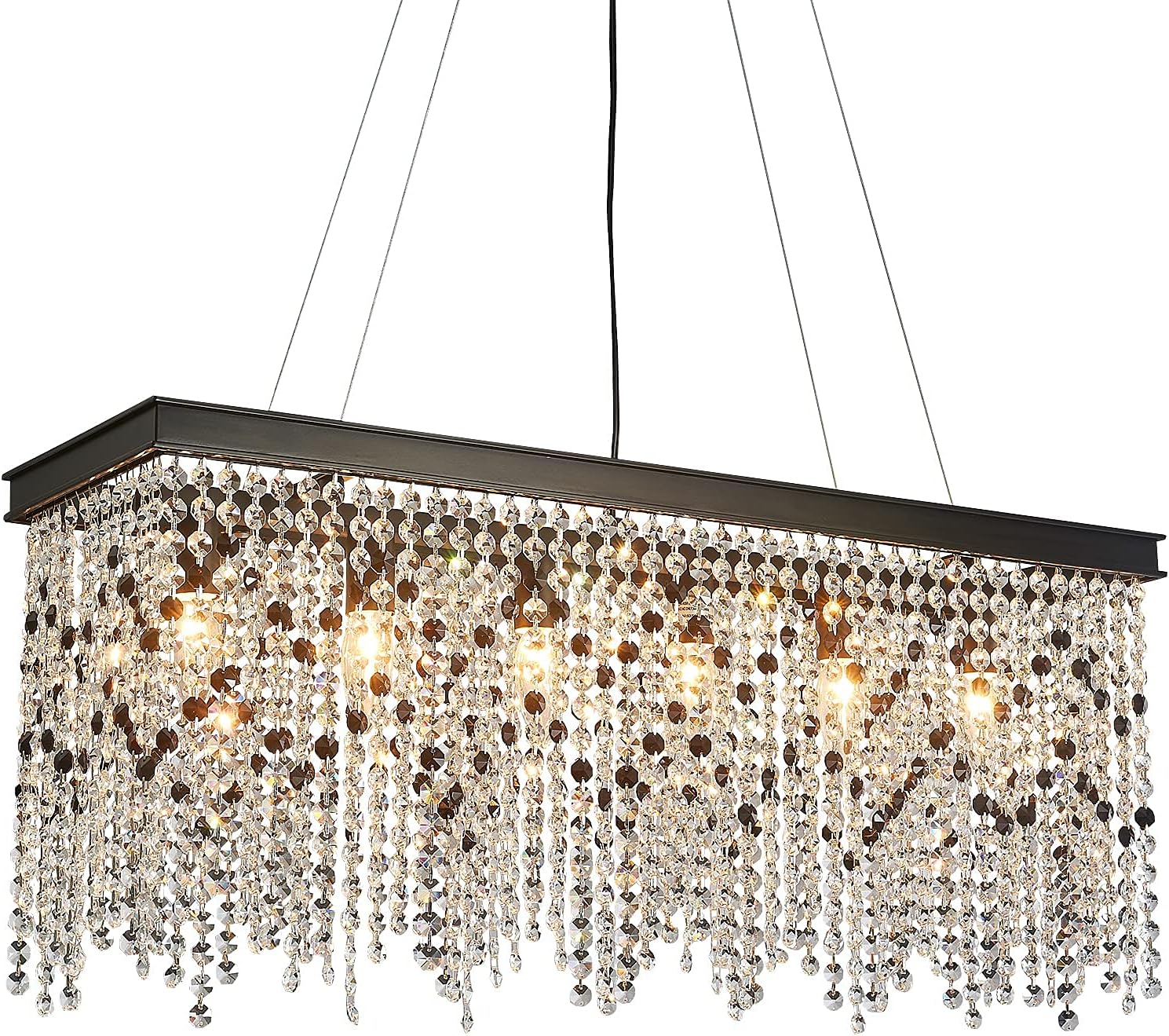 Q&S Black Modern Crystal Chandelier,L30 6-Light Luxury Rectangle Chandelier Light Fixtures for Dining Room Kitchen Island Bar UL Listed