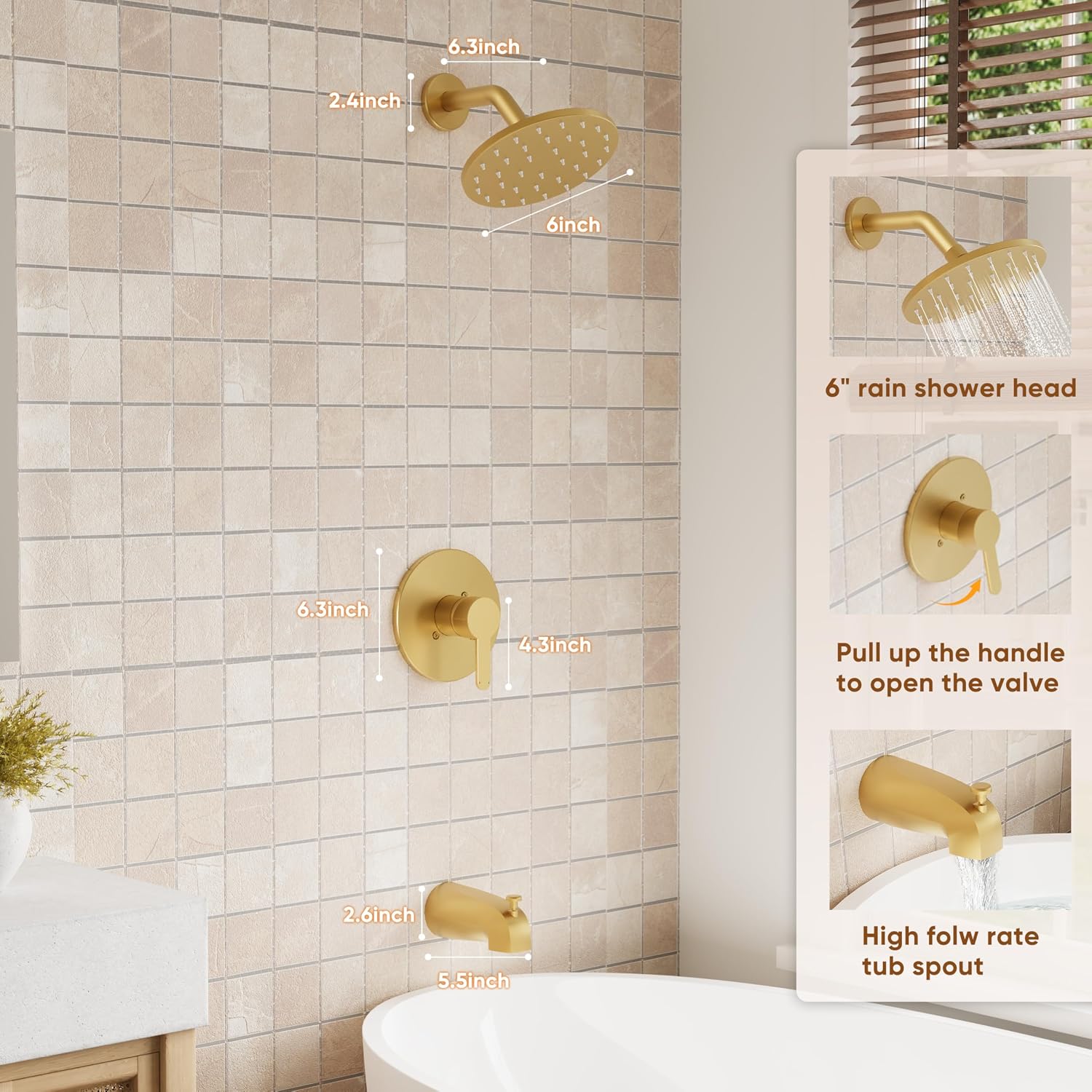 Tub Shower Faucet, Gold Shower Faucet Set with 6-Inch All-Metal Rainfall Showerhead and Bathtub Spout, Single-Handle Tub Shower-Trim Kit Included Valve, Brushed Gold