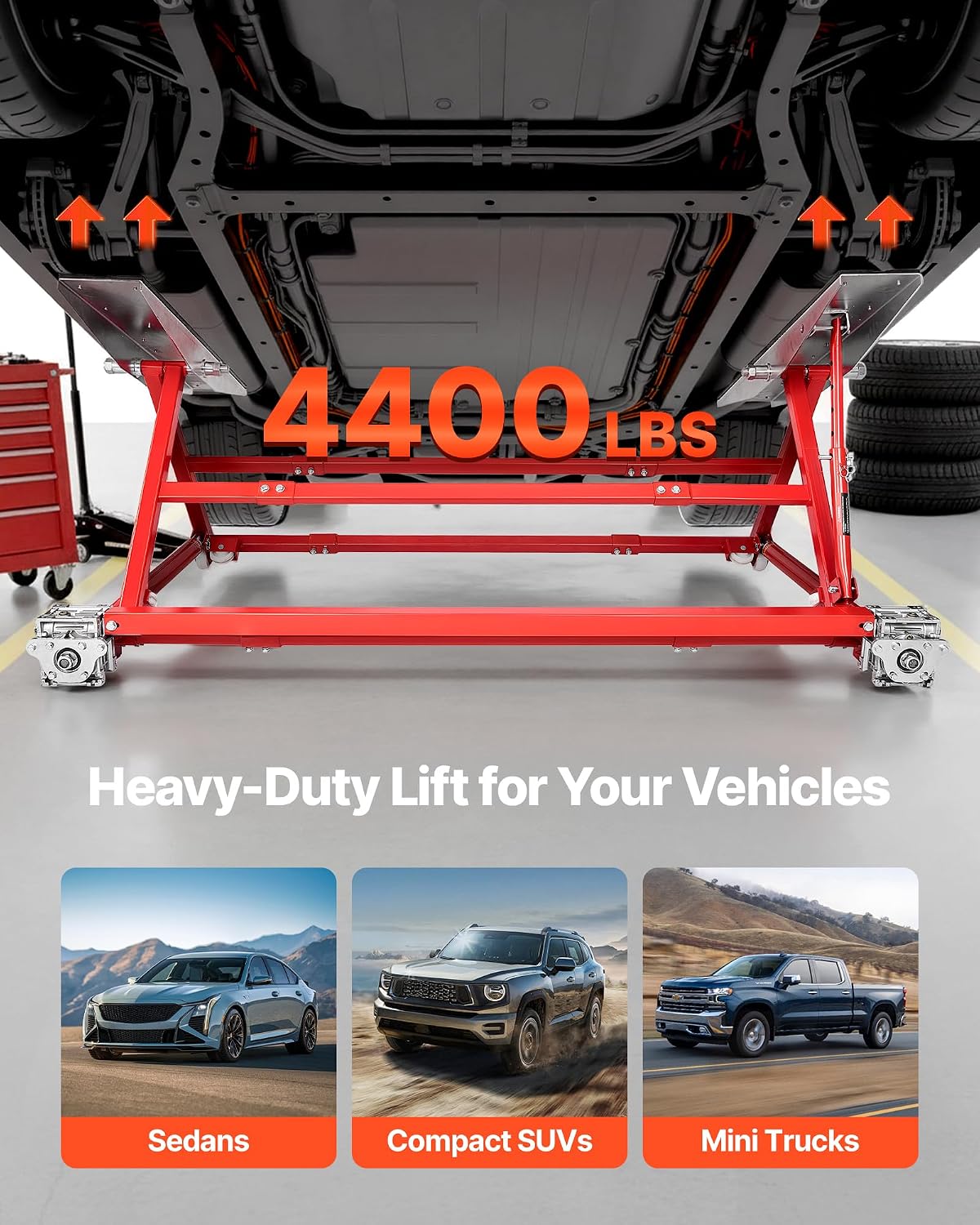 VEVOR Portable Car Lift, 4400 lbs Capacity, Heavy Duty Steel Quick Lift with 23' Max Height, Adjustable Width and Wheels, Manual Lifting for Cars, Compact SUVs, Mini Trucks, Home Garage or Shop Use
