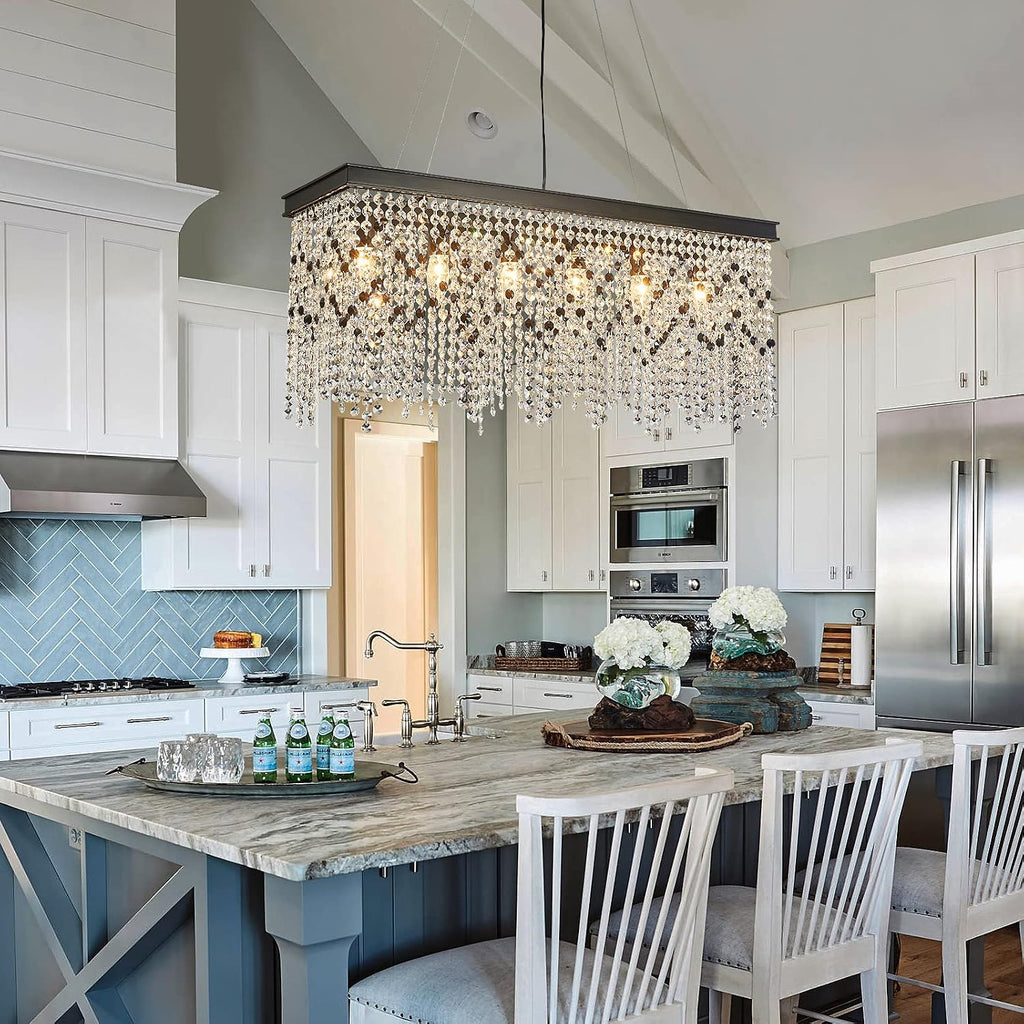 Q&S Black Modern Crystal Chandelier,L30 6-Light Luxury Rectangle Chandelier Light Fixtures for Dining Room Kitchen Island Bar UL Listed