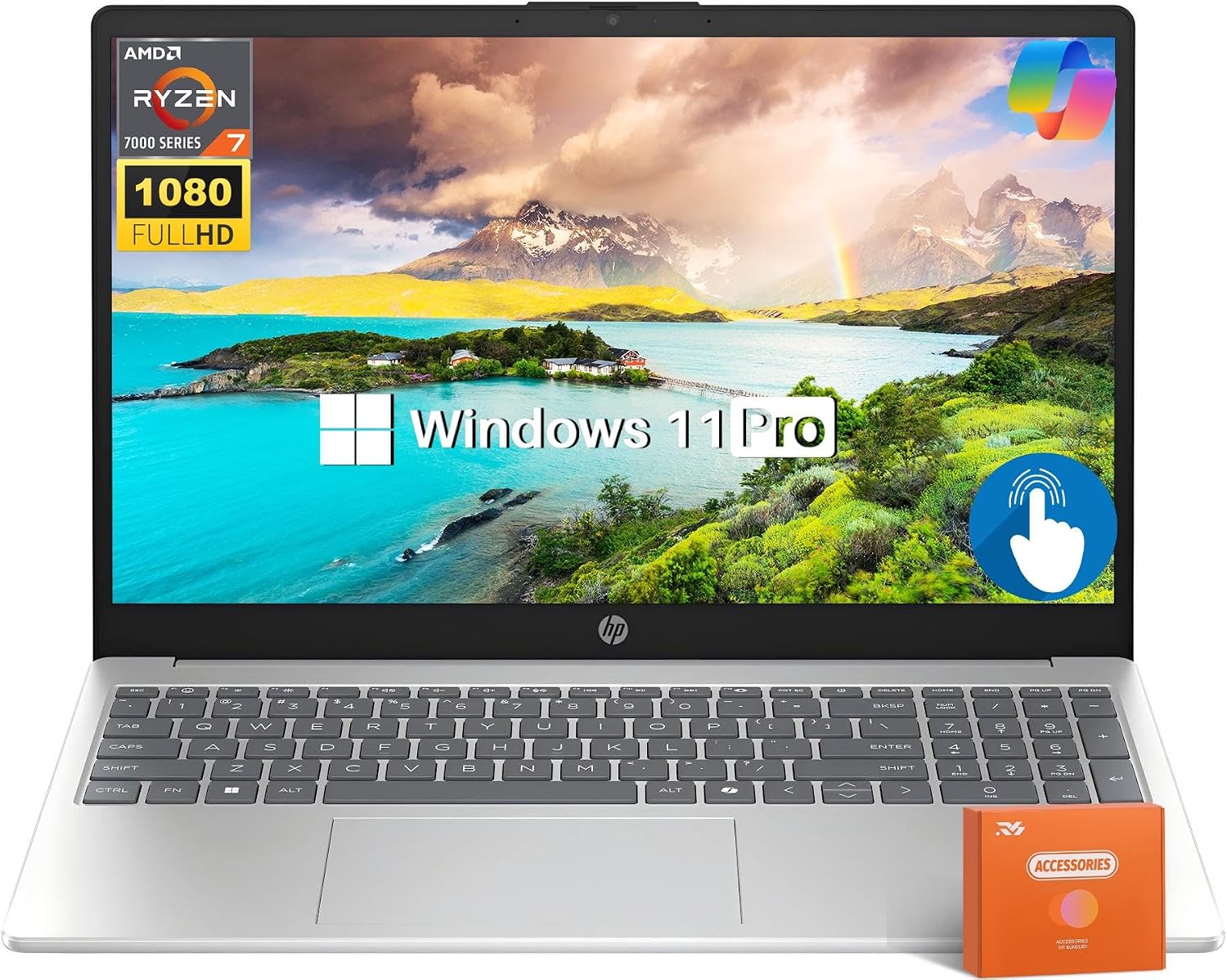 HP 15.6' FHD Touchscreen Laptop Computer for Business, AMD Ryzen 7 7730U (Up to 4.5GHz), 16 GB RAM, 1 TB SSD, AMD Radeon Graphics, WiFi 6, Long Battery, HD Webcam, Copilot Key, Windows 11 Pro, Silver