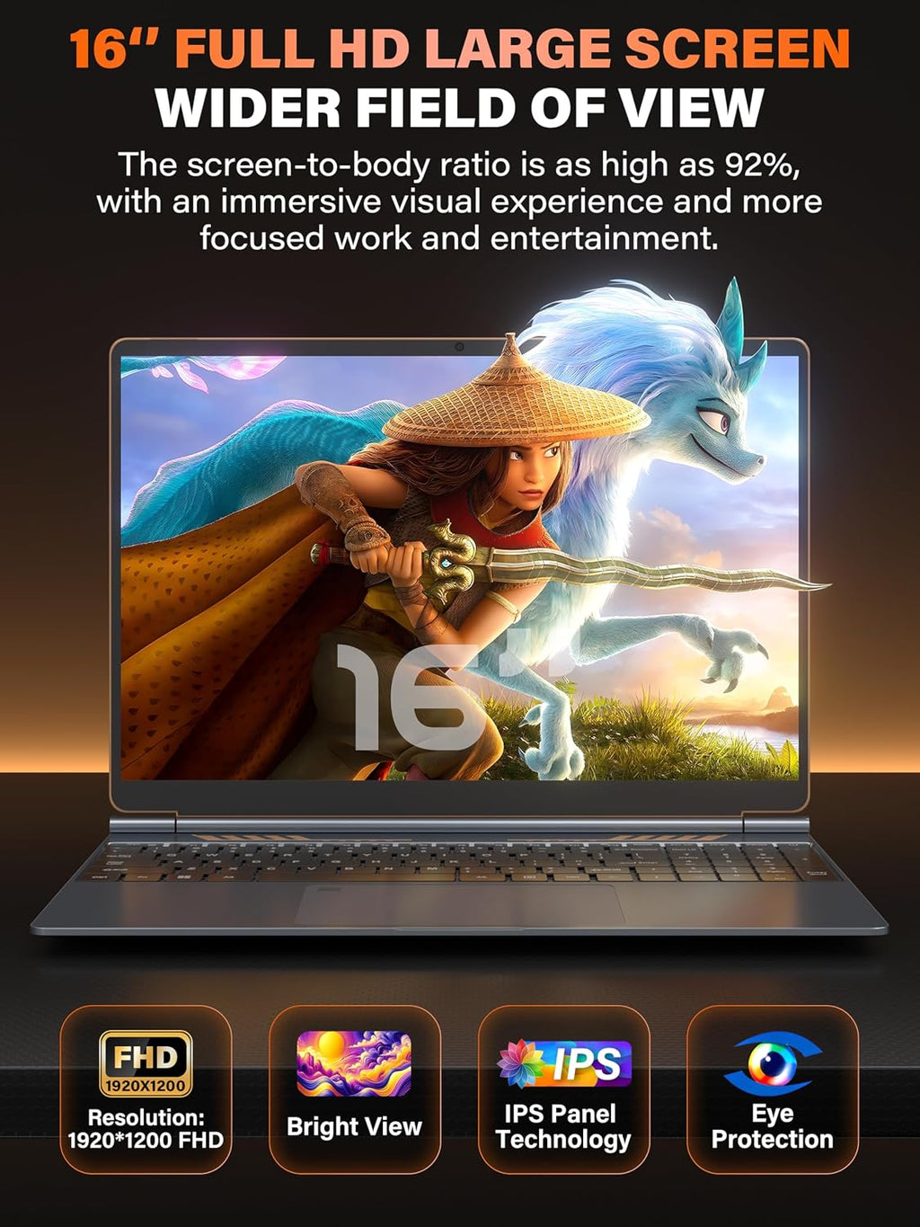 16 Inch Business Laptop Computer for Students & Professionals,4-Core Processor, 16:10 FHD IPS Display, 16GB RAM 512GB SSD, Backlit Keyboard, Fingerprint, Win 11 Pro, Gray with Orange Accents