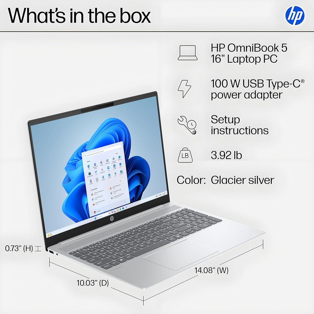 HP OmniBook 5 Touchscreen Laptop Computer, Intel 12-Core Ultra 7 255U, 16GB LPDDR5X RAM, 1TB PCIe SSD, 16' FHD+, WiFi 6, Backlit Keyboard, Copilot Key, Windows 11 Home