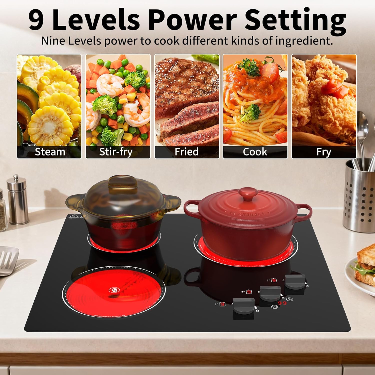 GIHETKUT Electric Cooktop, 220V 5000W Stove Top, 9 Power Levels, Kids Lock & Timer, Hot Surface Indicator, Overheat Protection,knob and touch control 3 Burner Electric cooktop