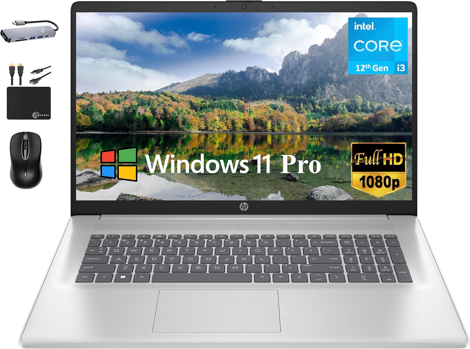HP 2024 Essential 17.3'' FHD Business Laptop Computer, Intel Core i3-1215U (6-Core), 32GB RAM, 1TB PCIe SSD, Fullsize Keyboard, Webcam, Wi-Fi, HDMI, Windows 11 Pro +MarxsolAccessory, Natural Silver