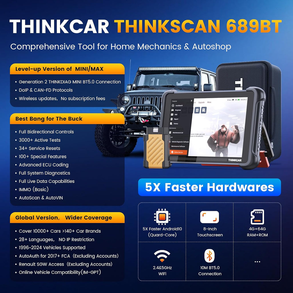 THINKCAR Bidirectional Scan Tool, THINKSCAN 689BT All System Automotive Diagnostic Tool, Bi Directional OBD2 Scanner with ECU Coding, 34 Services, FCA Autoauth, CANFD and DoIP, Wireless Update