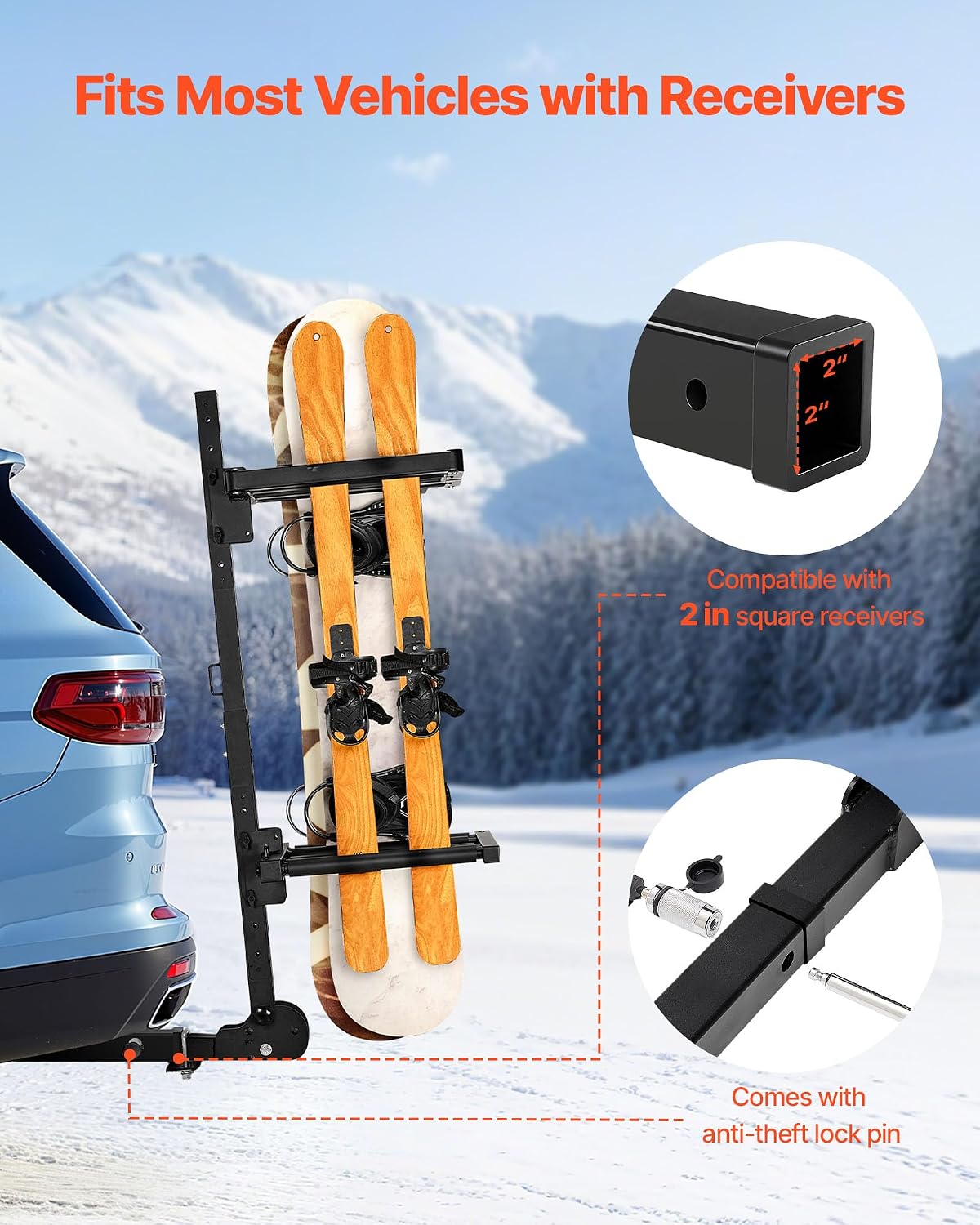 VEVOR Folding Hitch Mounted Ski & Snowboard Rack, Fits 2-Inch Receiver, Carries up to 6 Pairs of Skis or 4 Snowboards, Adjustable Hitch-Mounted Rack for Car with Key Lock, Security Strap, Tilt Access