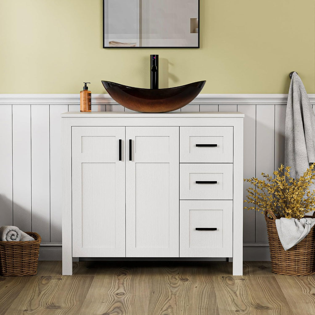 UEV 36' Bathroom Vanity with Sink Combo,Modern Freestanding Sink Cabinet with 3 Drawers,Stylish Bathroom Vanity Cabinet,Grooved Door,Metal Handles,Vessel Sink (Bronze Boat, 36' White)